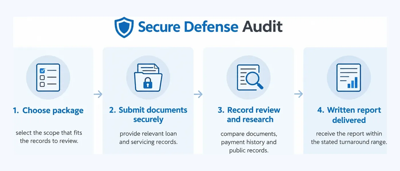Four-step loan audit process from package selection to written report delivery